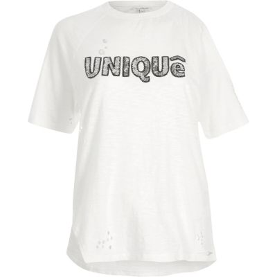 Cream sequin &#39;unique&#39; print loose T-shirt